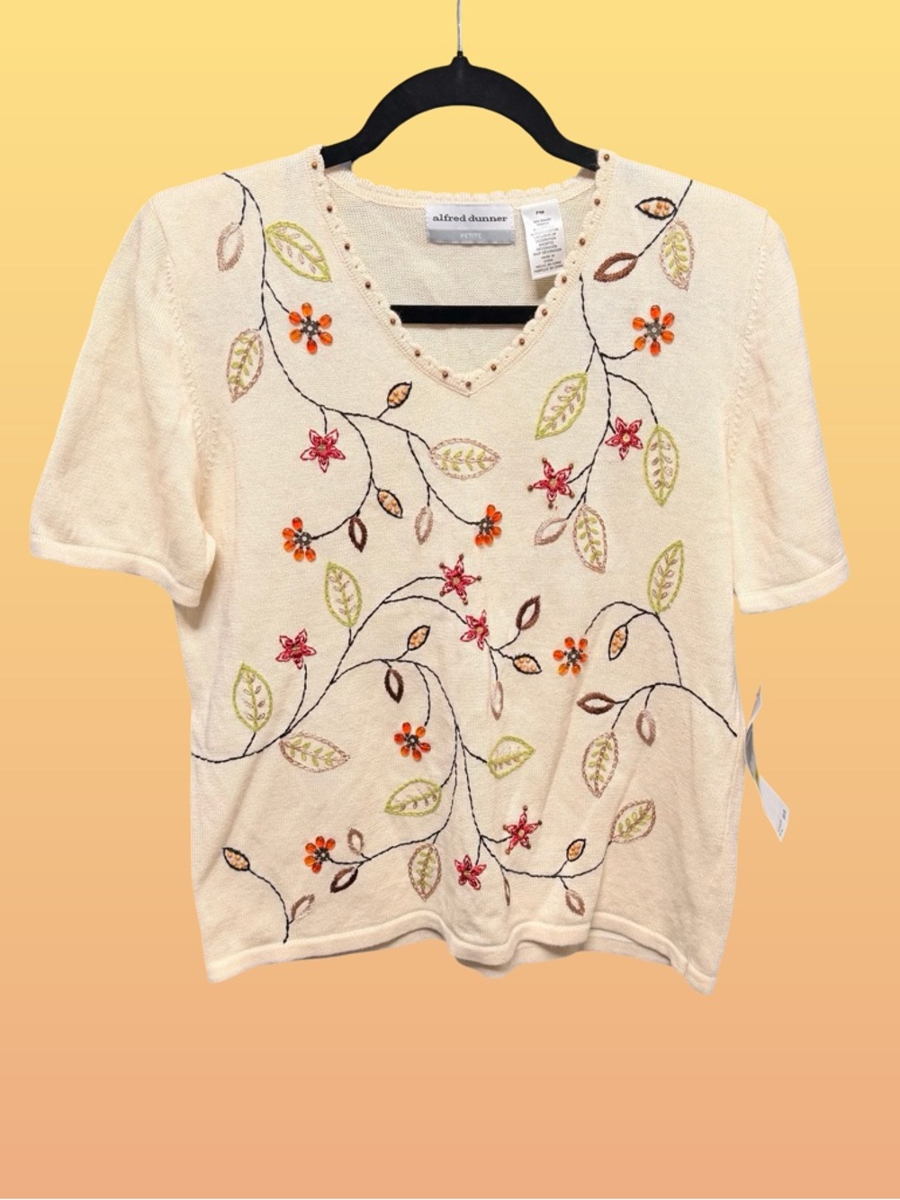 Alfred Dunner Petite Floral Embroidered Beaded Knit Sweater Top Cream PM NWT